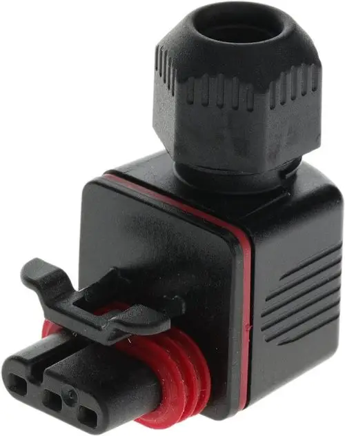 BOSCH Anschlussstecker mit zwei elektrischen Anschlüssen und einem Sicherungsclip, hergestellt aus schwarzem Kunststoff mit roter Dichtung.